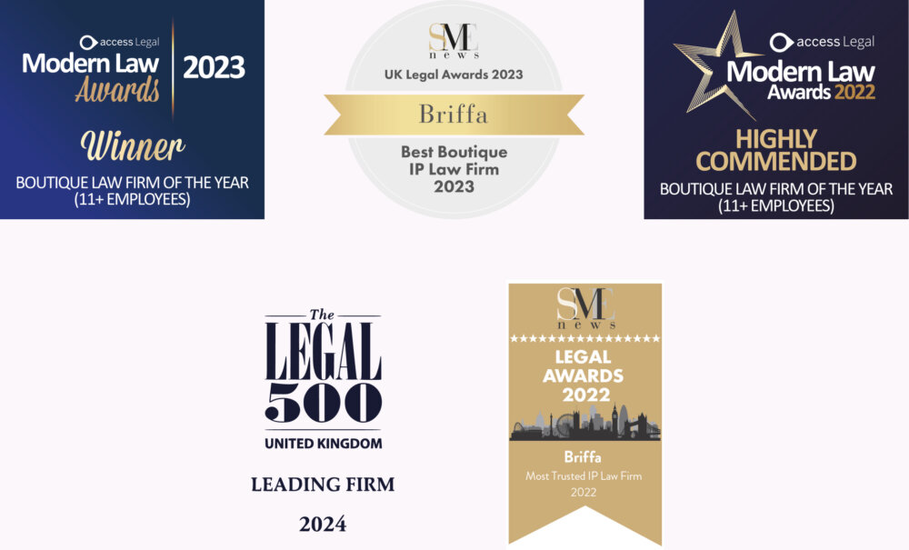 a graphic showing five badges for winning industry awards